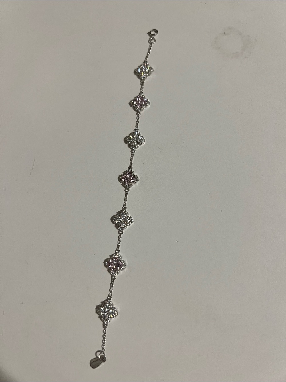Sterling Silver and Pink Crystal Clover Link Bracelet - Silver